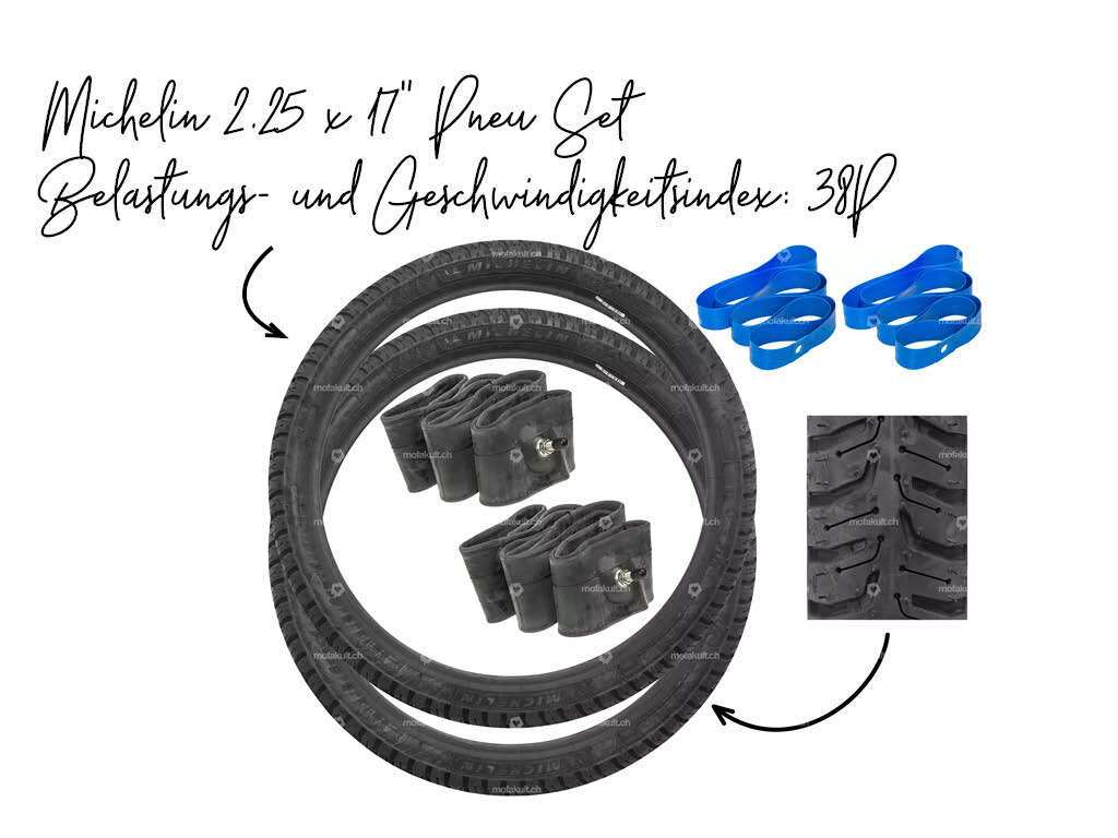 Michelin 2.25 x 17" Pneu Set | Belastungs- und Geschwindigkeitsindex: 38P Michelin 2.25 x 17" Pneu Set | Belastungs- und Geschwindigkeitsindex: 38P