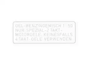 Aufkleber Benzin 1:50 weiss (Puch) 4-zeilig NOS Aufkleber Benzin 1:50 weiss (Puch) 4-zeilig NOS